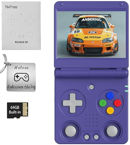 Anbernic RG34XXSP Console de jeu rétro - Design à rabat, écran IPS de 3,4 720 × 480, carte TF 64G avec plus de 5000 jeux, portable, batterie 3300 mAh, WiFi HDMI Bluetooth (Indigo 64G)