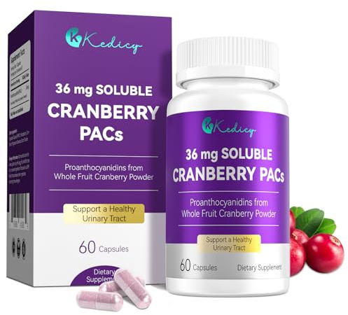 Kedicy Cranberry Pills for Women with 36 mg Soluble PACs, Sourced from New England Whole Fruit Cranberries Powder, Cranberry Pills for UTI Defense & Urinary Tract Health, 60 Caps