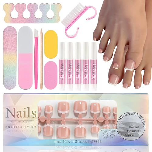 120 Stück Fussnägel Zum Kleben - Französisch Falsche Fußnägel Kit mit 16Pcs Maniküre‑Set, Full Cover Hautfarbene künstliche Zehennägel zum Aufdrücken und Aufkleben der Zehennägel (Nude French)