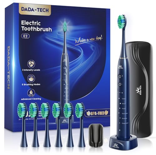 Electric Toothbrush Adults Kids, Sonic Toothbrush Rechargeable with Travel Case, Holder & 7 Reminder Heads, 6 Modes & 3 Intensities, 40000 VPM, 2-Minute Timer Ultrasonic Toothbrush (Blue)