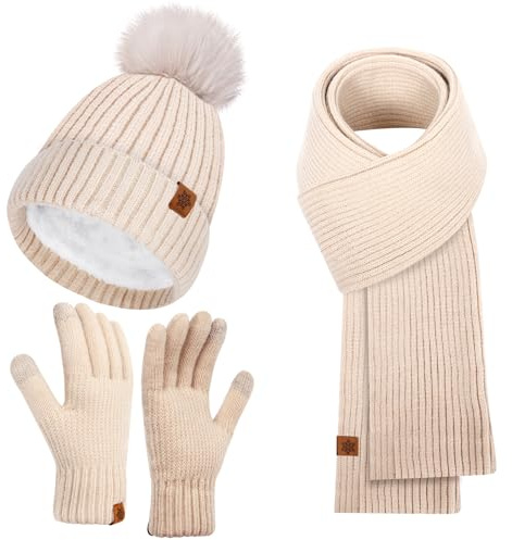 Kulamo Winter Mütze Schal Touchscreen Handschuhe Set, Damen Thermo Beanie mit Bommel Wintermütze Strickmütze Schlauchschal Winterhandschuhe Geschenk für Frauen