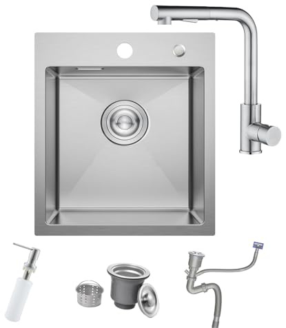 Fregadero Pequeño Acero Inoxidable 40x45 Níquel Cepillado Encastre Superior | Fregadero de Cocina con Grifo Mezclador, Dispensador de Jabón y Sifón, para Cocinas Pequeñas y Autocaravana, Un Seno