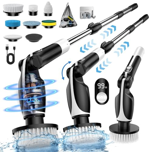 Yesiview Spazzola Rotante Pulizia Casa - Spazzola Elettrica con 7 Testine, Spazzola Rotante con Angolo Regolabile IPX7, Spazzola per il Bagno Manico Estendibile per Bagno, Cucina e Piastrelle Pareti