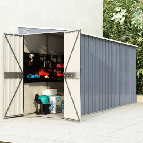 ACAGALA Capannone da giardino in metallo con funzione di blocco, montaggio a parete, tetto spiovente, 2 ventilazioni, acciaio zincato, 118 x 382 x 178 cm, grigio