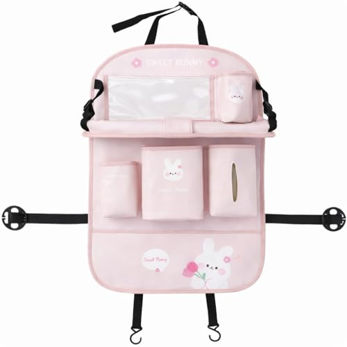 wxhappyshop Auto-Rücksitzorganizer mit Klapptisch, Rosa Hasen Design, Rückenlehnenschutz mit Taschen für Kinder (Tabletttisch-Hase)