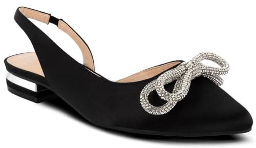 Jones New York Women’s Pointed Toe Slingback Flats with Rhinestone Bow, Low Heel Dress Shoes for Work or Evening - Quentina-Black Satin Size 7.5