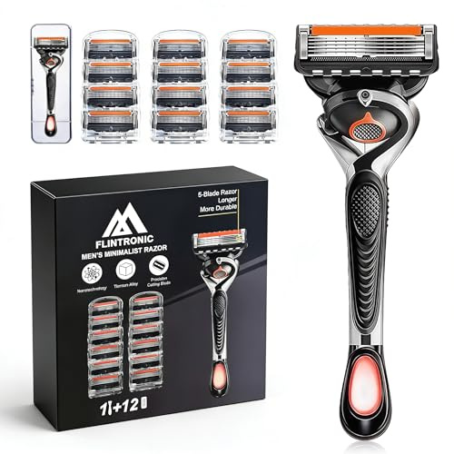 Flintronic Maquinilla Hombre, 12 Cuchillas y 1 Mango Con Banda Lubricante De Recambio 1 Estuche De Viaje, para un afeitado rápido y apurado