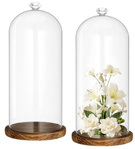 Suclain 2 Pcs 13.8 Inch Tall Glass Cloche Display Dome with Base Clear Glass Dome Case Display Bell Jar for Wedding Gifts, Roses, Dolls, Collectible, Home Office Decor (Brown,Diamond)
