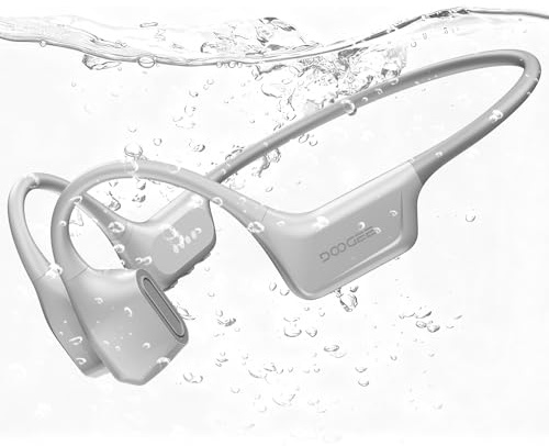 DOOGEE Cuffie a Conduzione Ossea, IP68 Impermeabili Sportivi Auricolari Conduzione Ossea Bluetooth 5.4 per Nuoto, Running & Fitness, 64GB MP3, 8H Batteria, Vestibilità Sicura (Grigio Chiaro)