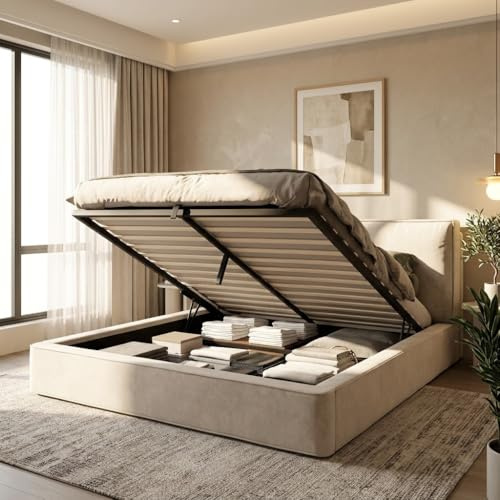 ECLIVON Cama Tapizada Matrimonio 180x200, Camas Matrimoniales con Espacio de Almacenamiento Hidráulico, Estructura Cama Doble con Cabecero, Camas con Somier y Láminas, Sin Colchón, Chenilla, Beige