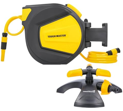 Garden Hose Reel Wall Mounted, 20m Automatic Retractable Tough Master UV Resistant Lightweight Plastic Bracket Reel with Carry Handle, for Car Wash, Outdoor Garden Use (with 3 Arm Sprinkler)
