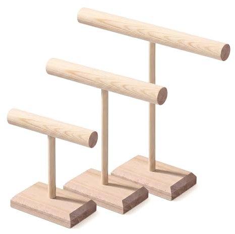 SJDOFU Lot de 3 présentoirs à bijoux en bois en forme de T | Présentoir à bijoux pour colliers, bracelets, boucles d'oreilles, bagues, boucles d'oreilles
