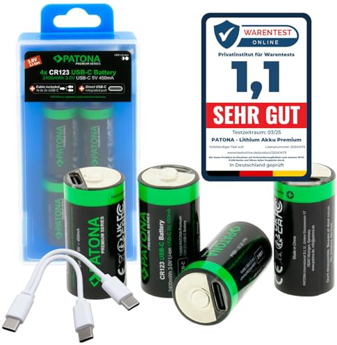 PATONA Premium 4X CR123A Piles 3V, 2400mWh, avec Fonction Charge USB-C