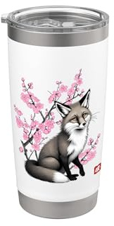 Arte Kitsune de zorro japonés y flores de cerezo Sakura Vaso térmico de acero inoxidable de doble pared