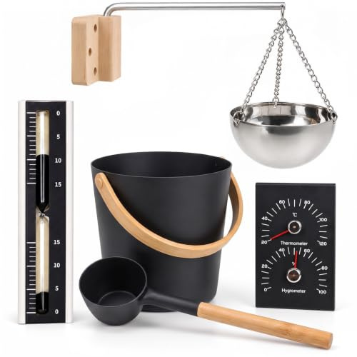 5 delar bastuhink 7 l med slev, aluminium bastutillbehör med timglas/aromskål | Bastutillbehör med bastu termometer hygrometer, för hem, bastuanläggningar, hotell, wellnesscenter, spa