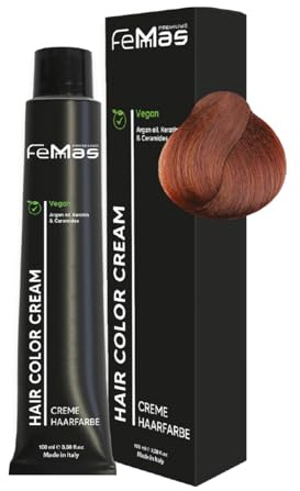 FemMas teinture pour cheveux Blond foncé cuivré 6.4 I Crème colorante professionnelle à l'huile d'argan, kératine et céramides I Coloration permanente ou teinture pour des résultats durables I 100 ml