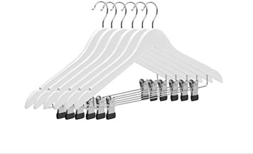 TODO HOGAR - Percha de Madera con Pinzas de Metal | Color Blanco | Diseño Elegante | Gancho de Acero Inoxidable Giratorio | Pack de 6 Unidades de 45cm | Muescas para Tirantes