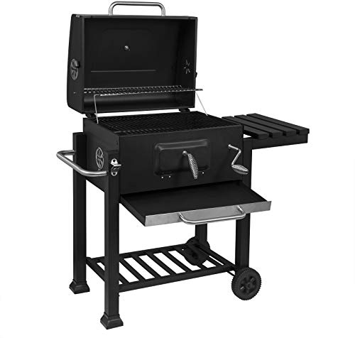 WOLTU Barbecue Portatile a Carbonella, Griglia a Carbone, Coperchio e Termometro, con Ruote e Ripiani, Carrello per Barbecue da Campeggio, Picnic e all'Aperto, 117x71x107cm, Nero
