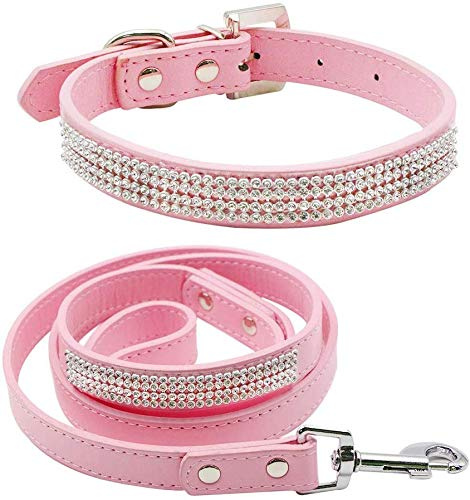 Petsoigné Hundeleine und Hundehalsband Leder mit Strass Lederleine und Halsband für Kleine und Mittlere Hunde (M)