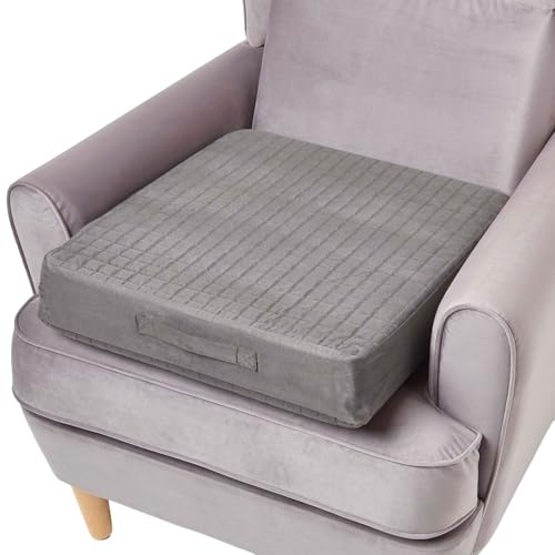 HOMESCAPES Grey Quilted Armchair Booster Cushion with Removable Cover 50 cm Square 10cm Deep Firm Orthopaedic Foam Cushion Seat Pad with Soft Faux Suede Washable Cover