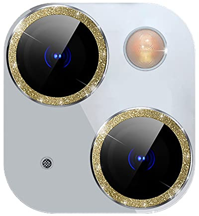 GIOPUEY Camera Protector for iPhone 13, Shining diamond powder, bling Camera Protection Ring, 9H HD tempered glass, iPhone 13 mini Camera Lens Protector - Gold
