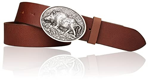FRONHOFER Trachtengürtel Ledergürtel Echtleder 4 cm, Wildsau Gürtelschnalle Silber 7,5 x 6 cm, Lederhosen Gürtel Wechselschnalle Druckknopf, Bundweite 95-125 cm, Jagd Oktoberfest, Made in Germany