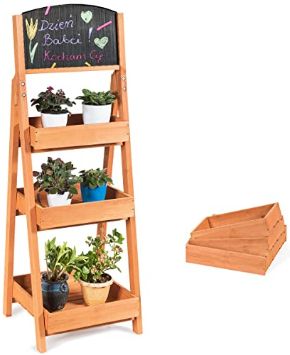 TANGZON 3-Tier Wooden Plant Stand, Ladder Flower Display Shelf with Chalkboard & Detachable Trays, Indoor Outdoor Plant Pot Organiser Holder Rack for Living Room Patio Balcony Garden Backyard