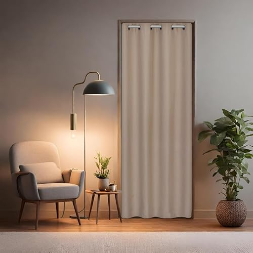 tinycurtains, Thermo Türvorhang mit Teleskopstange, einfache Montage in nur 1 Minute ohne Bohren (Türgardine beige H195 x B150 cm + Stange weiß B55-90 cm)