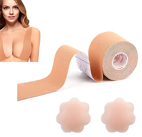 Bande de corps de vêtements pour les gros seins A-G Cup, 7M Extra-Long Roll Booby Tape avec 2pcs Couvertures de mamelon réutilisables