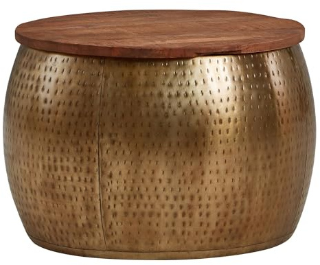 FineBuy Couchtisch Rund 60x60x40 cm Mango Massivholz Gold, Stauraum | Wohnzimmertisch mit abnehmbarer Platte und Ablagefach, Sofatisch aus Echtholz, handgefertigtes Unikat