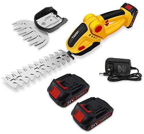 24V Hedge Trimmer Cordless & Grass Shear, Yeelan 2 in 1 Handheld Shrub Trimmer Electric Bush Trimmer, Portable Power Hedge Shears & Grass Cutter with 2 Pcs Rechargeable Batterys for Garden & Lawn