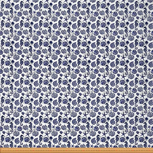 Maritimen Motiven Stoff Meterware Küstenstrand Dekostoff für Kinder Teenager Seepferdchen Muscheln Seesterne Polsterstoff Ozeantier Unterwasserwelt Oase Blau 920 x 150 (HxB)