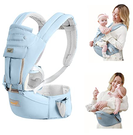 GROWNSY Babytrage, Advanced 6-in-1 Babytrage für Neugeborene ab Geburt, verstellbarer Sitz, Ergonomische Babytrage, Leicht&Atmungsaktiv - 0-36 Monaten geeignetBlau)