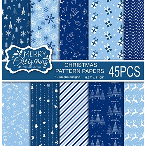 MIAHART 45 Sheets Merry Christmas Pattern Paper Set 10 Designs Festival Decorative Craft Paper Double-Sided for Card Making Scrapbook, A4 Size-Blue and White
