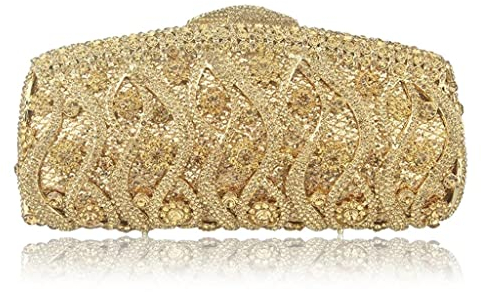 FEYONA Abendtasche, Clutch, Handtasche, Crossbody, Balltasche, Blume, ausgehöhlt, pfirsichfarben, Kristall, Strass, Abend-Clutch, Hochzeit, Braut, Metall, Handtasche, Clutches (Farbe: Gold, Größe: