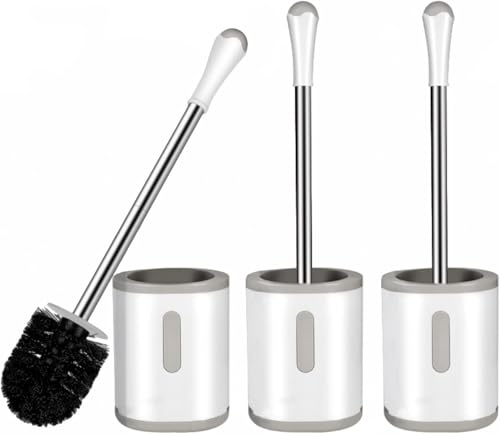 Toalettborste och hållare, 3-pack toalettskålsborste i kompakt storlek med handtag i rostfritt stål, plasthållare i liten storlek, lätt att dölja, platsbesparande för förvaring, droppsäker, lätt att