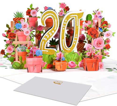 3D Pop-Up Karte zum 20. Geburtstag und 20. Hochzeitstag – Garten-Thema mit Blumen, Schmetterlingen und Goldenen Zahlen – Jubiläumskarte für Freunde, Familie und Paare
