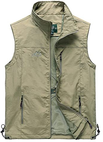 Sukany Men's Casual Utility Fishing Vest Lightweight Outdoor Work Safari Travel Photo Multi Pockets Waistcoats Khaki L
