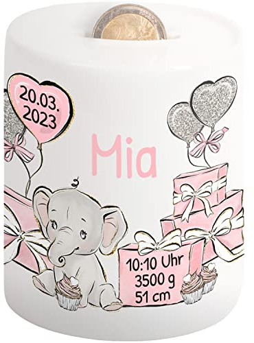 True Statements Kinder-Spardose als personalisiertes Babygeschenk für Mädchen „Elefantenbaby“ – Neugeborenen Geschenk zur Geburt - Sparschwein für Mädchen - Baby Geschenk Taufe & Geburtstag (Rosa)