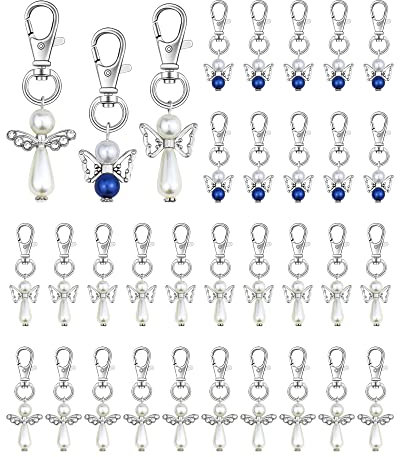 YETOOME 30 Stück 3 Stil Engel Perlen Anhänger Schlüsselanhänger, Engel Fee baumeln Charms mit Drehverschlüssen Haken für Tasche Tasche Geldbörse Schlüsselhalter, blau/weiß, 3 size