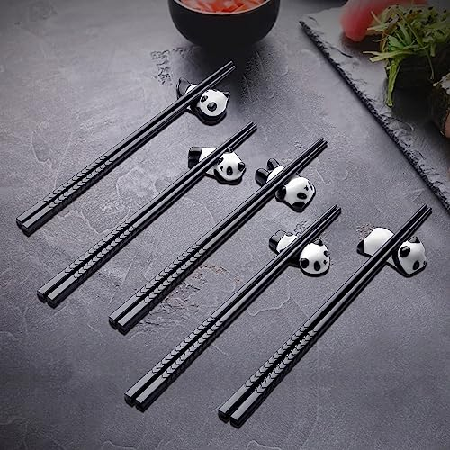 5 Pairs Panda Chopsticks with Holder, Reusable Black Chinese Chopsticks Set with Cute Panda Ceramic Rest, Non-Slip Fiberglass Chop Sticks for Sushi Dinner Hotpot Tableware Set