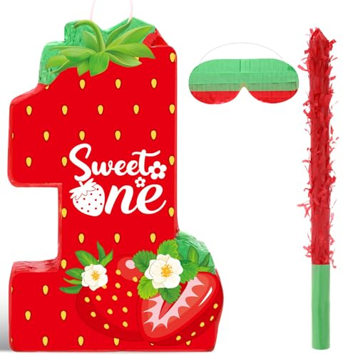Aoriher Strawberry 1st Birthday Piñata Strawberry Piñata Summer Berry Piñata with Stick Blindfold Mask Confetti for Girls Theme Birthday Baby Shower Party Game Supplies Decor