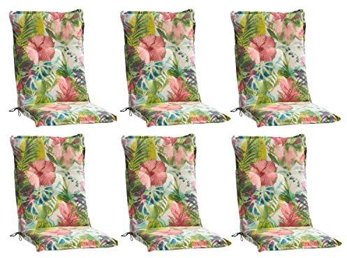 Home4You Gartenstuhlauflagen Mittellehner 6er Set - 110 x 50 cm - Mehrfarbig - Baumwolle - Polyester - Blumenmuster - Sesselauflage Sitzpolster Stuhlauflage