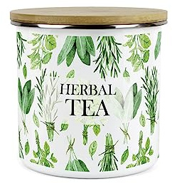 Purely Home Kitchen Herbs Herbal Tea Storage Canister - White & Green Leaf Metal Enamel Medium Sized Food Storage Container