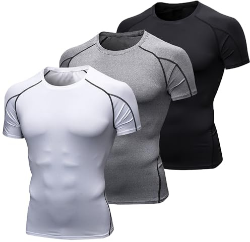 YUSHOW 3er Pack Kompressionsshirt Herren Kurzarm Sportshirt Atmungsaktiv Funktionsshirt Schnelltrocknendes Laufshirt Training Männer T Shirt Sommer Laufen Fitness Gym