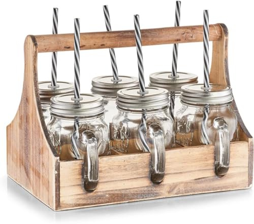 Avilia Set Plateau en Bois élégant avec 6 Bouteilles en Verre pour Pique-Nique et Piscine - Plateau de Service en Bois et gourdes, idéal pour apéritif, 29 x 22,5 x 22,1 cm