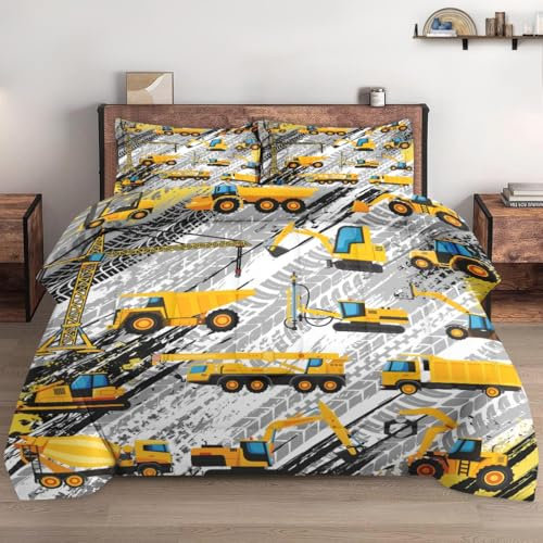 WeCozy Bettdecken-Set in voller Größe mit Kissenbezug, Baubagger, LKW, weiches Bettwäsche-Set für Kinder und Erwachsene, Bettdecken-Set für Zimmer, Schlafzimmer, Bettdekoration, Fahrzeug, Auto, Gelb