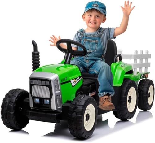 FINOOS 12 V elektrisk traktor, med spade och släpvagn, elfordon för barn, traktor med LED-ljus, musik och horn, 2,4 G fjärrkontroll, 2–5 km/h (grön)