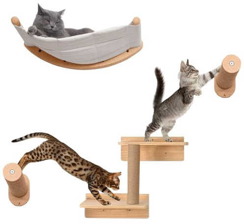 Cat Wall Climbing Set with Hammock, Perch, Stairs, Scratching Post for Indoor Cats, Sturdy Wooden Cat Shelves Wall Mounted Save Space
