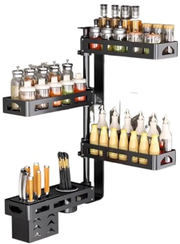 PIPONS Gewürzregal Spice Rack 4-stufiges Wand-Gewürzregal aus Aluminium mit Messerhalter, Gewürz-Organizer, Küchenregal Gewürzständer Tassenregal